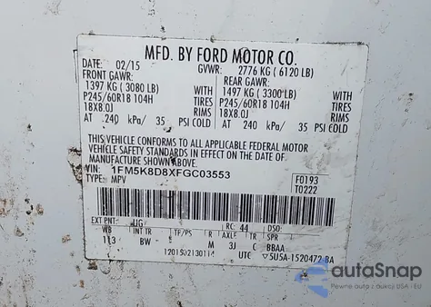 2015 Ford Explorer Xlt из США, поврежденный, VIN 1FM5K8D8XFGC03553